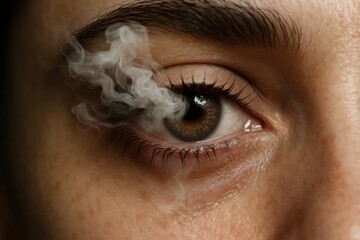  a close up of a person's eye with smoke coming out of it