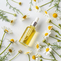 Pure chamomile extract in a dropper bottle, symbolizing natural wellness and gentle skincare benefits.