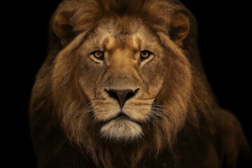 Fototapeta premium A close up of a lion's face on a black background