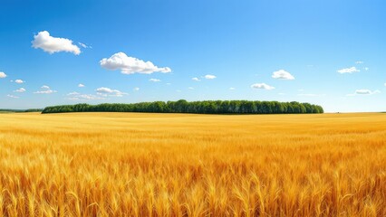 Vast golden wheat field under a clear blue sky with scattered fluffy clouds and distant treeline