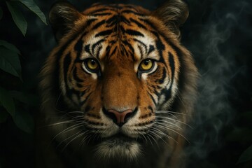 Fototapeta premium A close up of a tiger's face with smoke coming out of its mouth