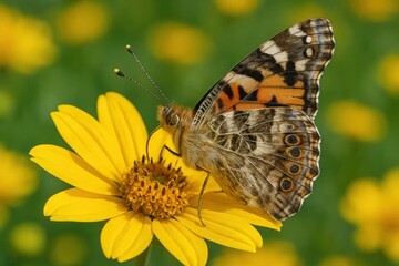 Fototapeta premium A butterfly sitting on a yellow flower in a field