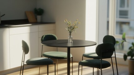 A modern kitchen diner area with a round table and dark green chairs.