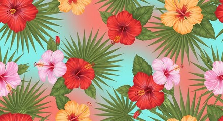 Tropical hibiscus flower pattern with palm fronds and gradient background design element