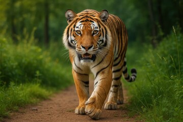Fototapeta premium A tiger walking down a dirt road in the woods