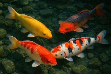 Naklejka premium A group of three koi fish swimming in a pond
