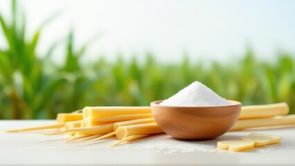 Natural Sweeteners Derived From Sugarcane Crystals In A Wooden Bowl With Sugarcane Stalks Background