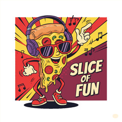 Cartoon Handdrawn Pizza Slice with Headphone and Sunglass Food Illustration