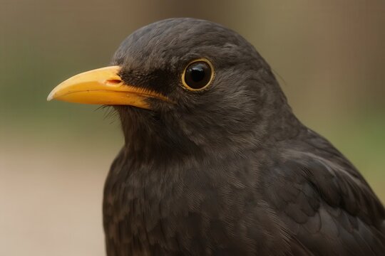 A close up of a black bird with a yellow beak