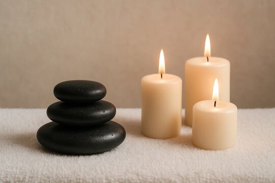 A stack of black pebbles and three white candles on a white towel