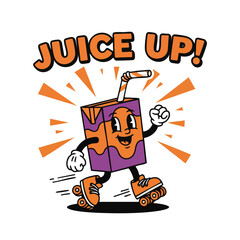 Retro Cartoon Juice Box Character Walking and Skating Illustration