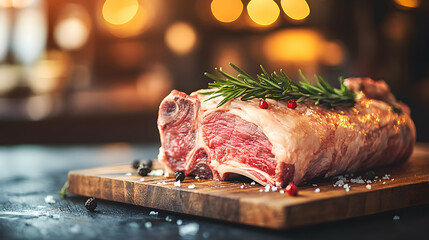 Delicious raw lamb rack seasoned with rosemary, salt, and peppercorns, ready for roasting.  A gourmet culinary image.