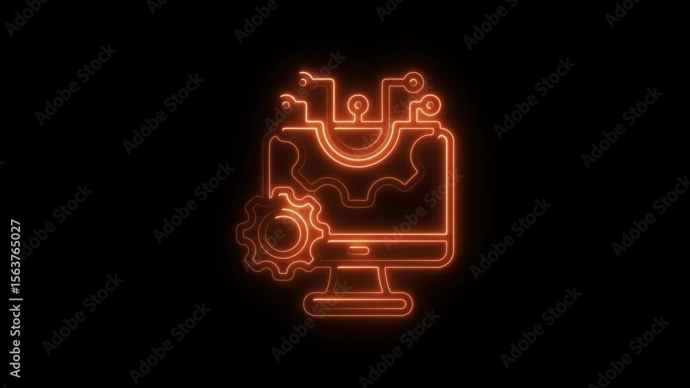 Poster glowing neon tech icon animation loop computer gear circuitry concept digital transformation