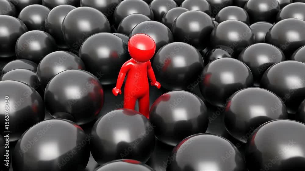 Poster red figure stands in front of a bunch of black spheres. the spheres are all different sizes and are 