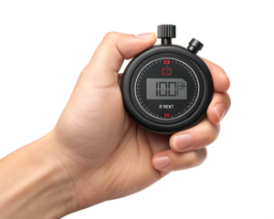 Digital timer stopwatch held in hand for accurate timing test on transparent background