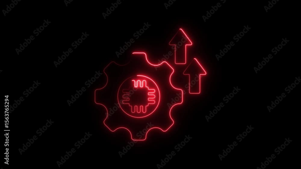 Poster neon red gear and processor upgrade arrows rising technology concept abstract animation loop