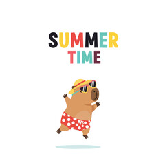 Cheerful Cartoon Capybara Illustration for Summer Time Holiday and Vacation