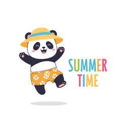 Cartoon Cheerful Panda in Summer Attire Illustration with Summer Time Text