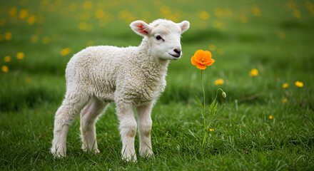 Obraz premium 春の陽光浴びる子羊、優しくオレンジの花に鼻を近づける. AI Generated