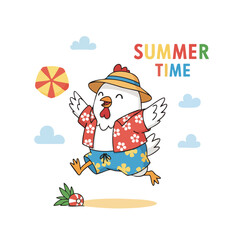 Cute Cartoon Chicken Summer Time Illustration for Graphic Elements and Design