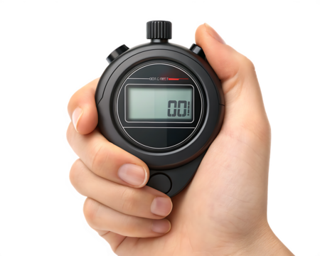 Stopwatch timer in hand for sports timing and time management on transparent background
