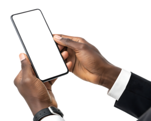 Man holding phone mockup blank screen mobile device template on transparent background