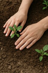 Manos sembrando una planta en tierra fértil 