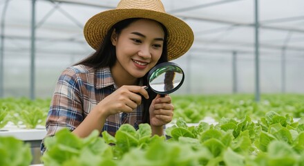 Young Woman Farmer Inspecting Hydroponic Lettuce with Magnifying Glass