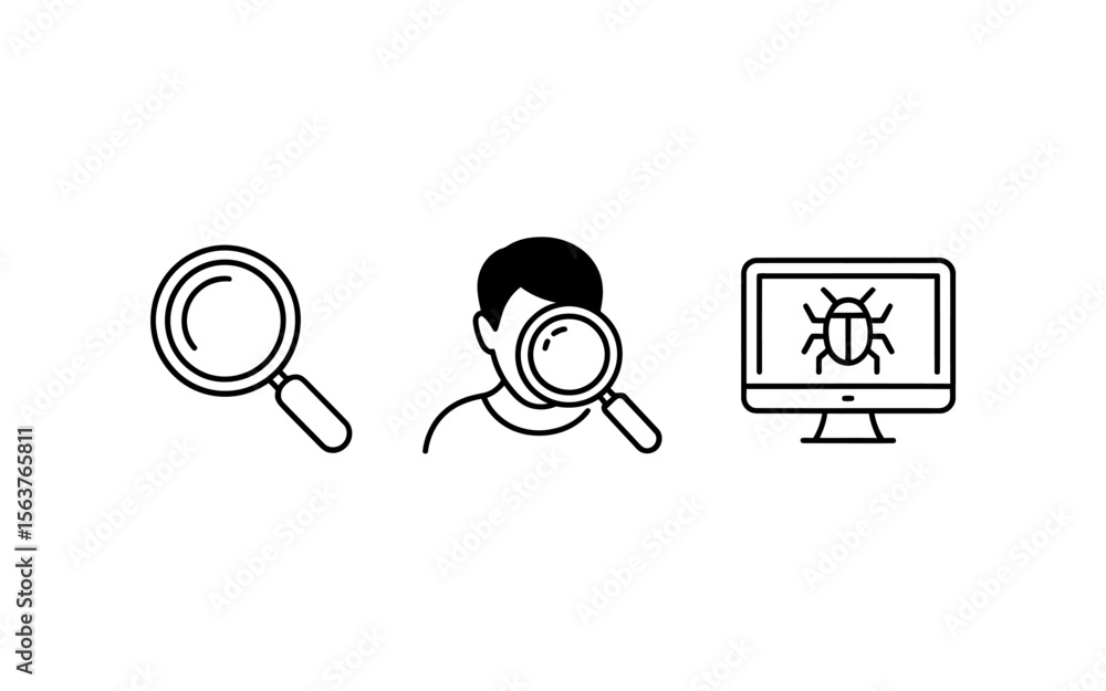 Poster bug detection and user search outline vector icons set - cybersecurity security