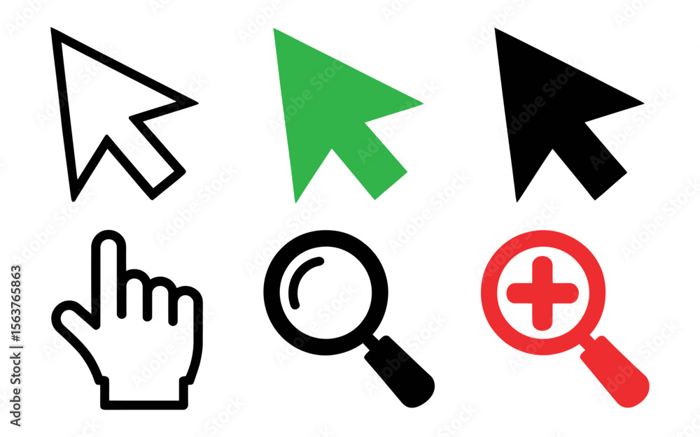 Fototapete Cursor and Pointer Outline and Solid Vector Icons Set - Click Zoom Search