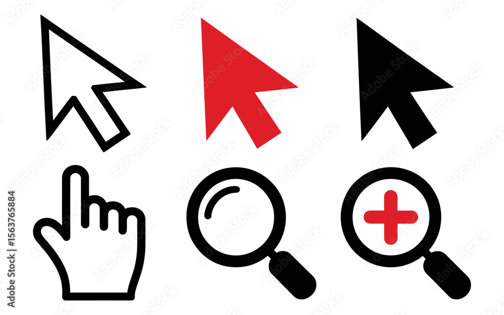 Fototapete Cursor and Pointer Outline and Solid Vector Icons Set - Click Zoom Search