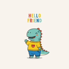 Cartoon Illustration of a Cute Dinosaur Waving Hello Friend Character Design