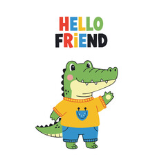 Obraz premium Cute Cartoon Alligator Waving Hand Illustration For Kids and Educational Material
