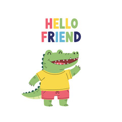 Cute Handdrawn Alligator Wearing Shirt and Shorts Illustration for Kids