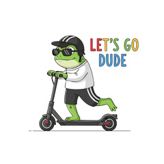 Cartoon Style Frog Riding Electric Scooter Funny and Cute Illustration