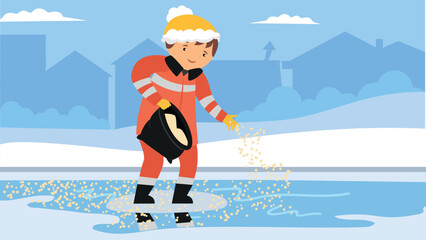 Vector illustration of a boy in a suit of Santa Claus cleaning a frozen lake