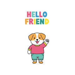 Cartoon Style Cute Dog Waving Paw with Hello Friend Greeting Message Illustration