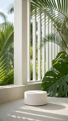 Obraz premium A white display podium on a sunny outdoor patio, surrounded by lush tropical plants and modern architecture, ready for product presentation.