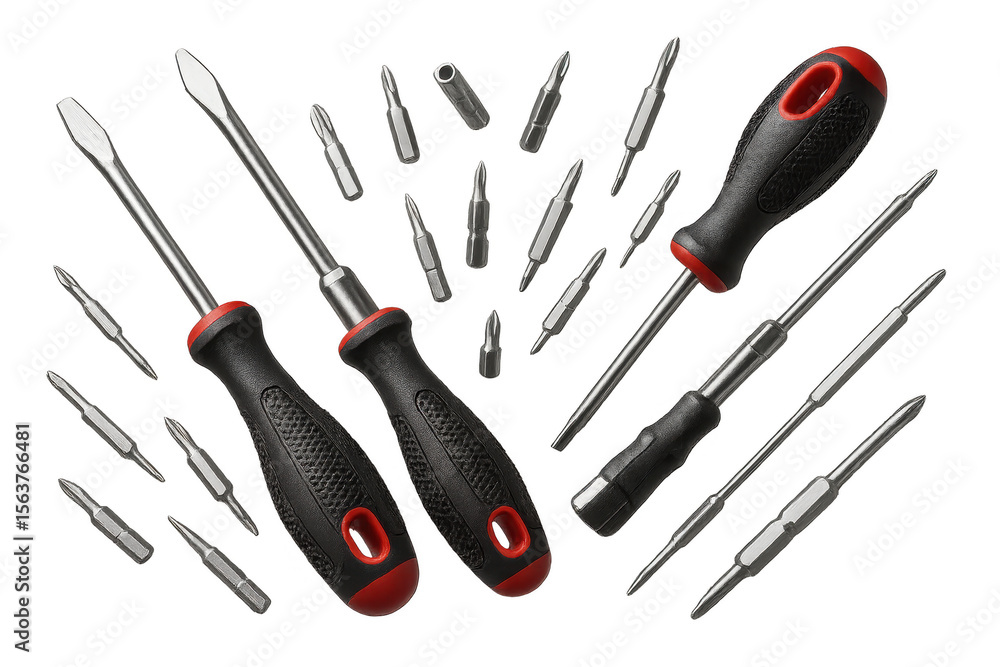 Poster versatile screwdriver set with various interchangeable bits isolated on transparent background.