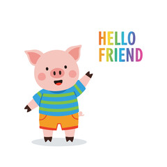 Cartoon Flat Illustration Pig Waving Hand with Greeting Text Message Design