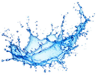 A vibrant blue water splash isolated on a black background showing motion isolated on transparent background