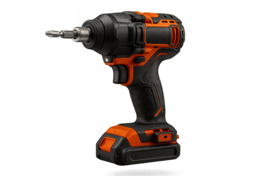 Black and orange cordless impact driver tool isolated on transparent background