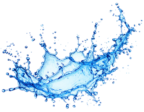 A vibrant blue water splash isolated on a black background showing motion isolated on transparent background