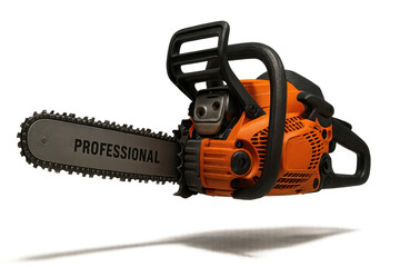 Fototapeta premium Orange professional chainsaw isolated on a transparent background for cutting wood