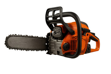 Professional orange and black chainsaw isolated on transparent background