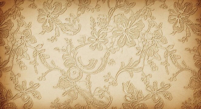 Vintage lace floral pattern with delicate flowers and leaves on beige background