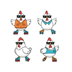 Funny Cartoon Chicken Character on Roller Skate Illustration Set