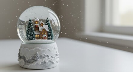 穏やか光輝く雪景色 スノードーム 冬の情景 静寂な部屋. AI Generated