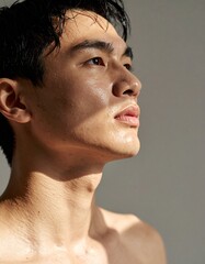 Fototapeta premium アジア系の若い男性, 濡れた髪, 上を見上げる横顔, 肌に斜めの光が差し込む, 強い陰影, ナチュラルな美しさ, 芸術的な構図, 美容広告風, 高解像度 Asian young man, wet hair, side profile looking up, diagonal sunlight on skin, strong shadows, natural beauty,