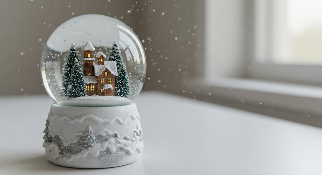 穏やか光輝く雪景色 スノードーム 冬の情景 静寂な部屋. AI Generated